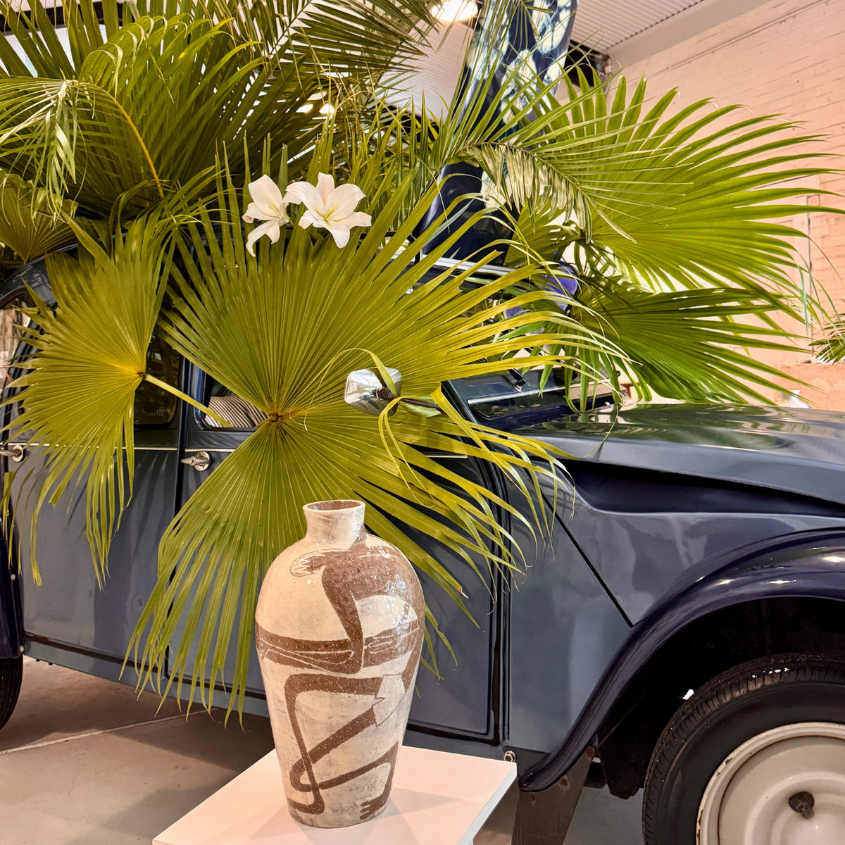 Vintage car with tropical plants and a vase by Damion Fuller in front