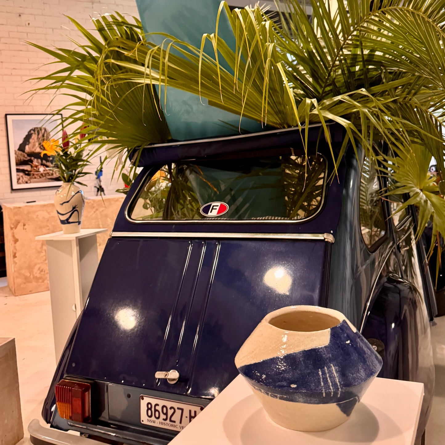 Vintage car with a surfboard on top in an indoor setting with plants and vase by Damion Fuller